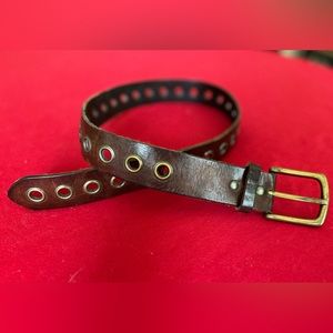 Brown leather belt, brass buckle. 36” long